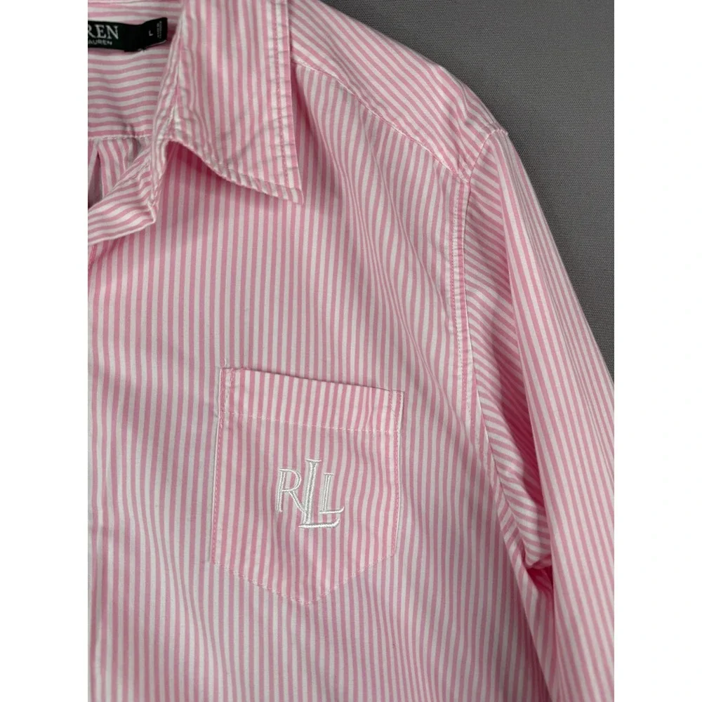 Lauren Ralph Lauren Sleep Shirt Womens L Pink Striped Cotton Poplin Nightshirt